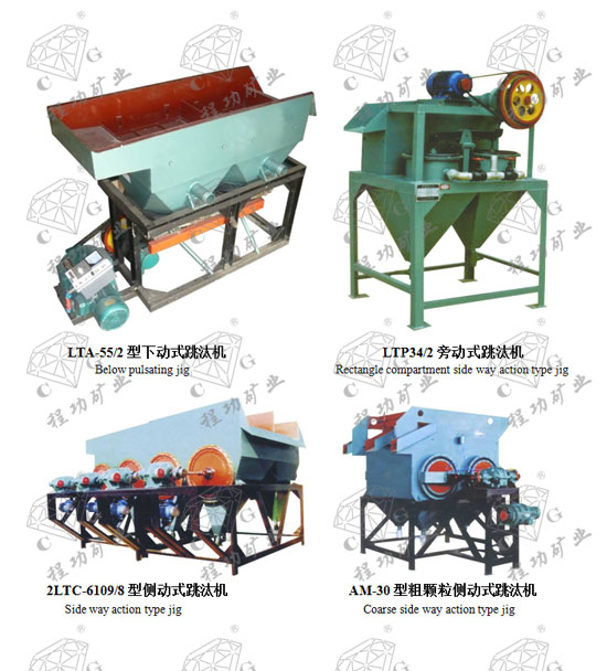 LTA-55/2型下动式跳汰机 Below pulsating jig LTP34/2旁动式跳汰机 Rectangle compartment side way action type jig 2LTC-6109/8型侧动式跳汰机 Side way action type jig AM-30型粗颗粒侧动式跳汰机 Coarse side way action type jig